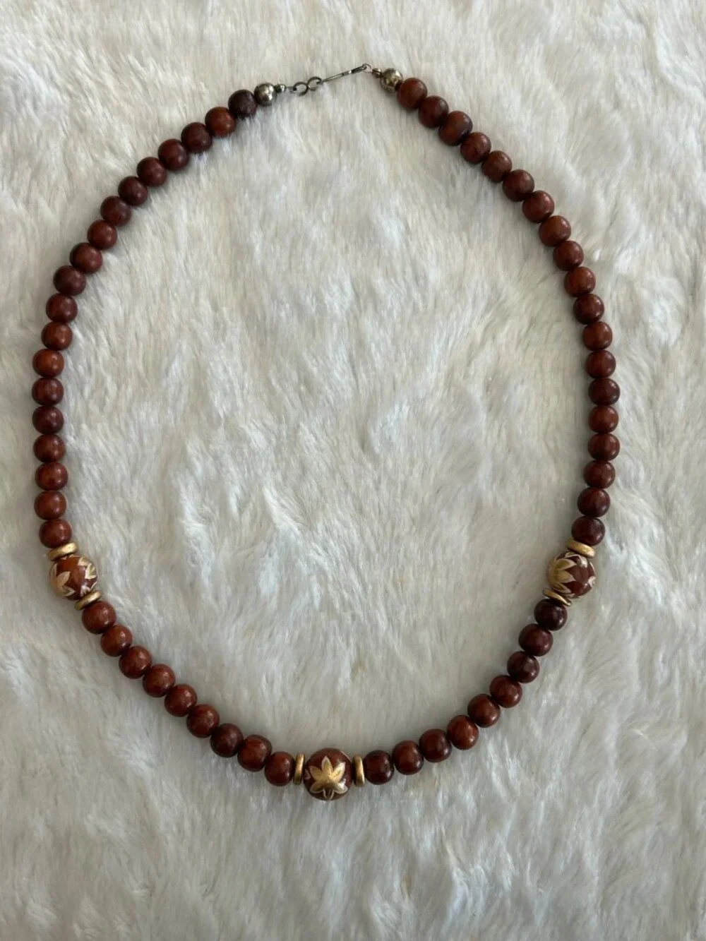 Vintage 80's‎ Brown Wood Beads Beaded Necklace Earthy Neutral Tones